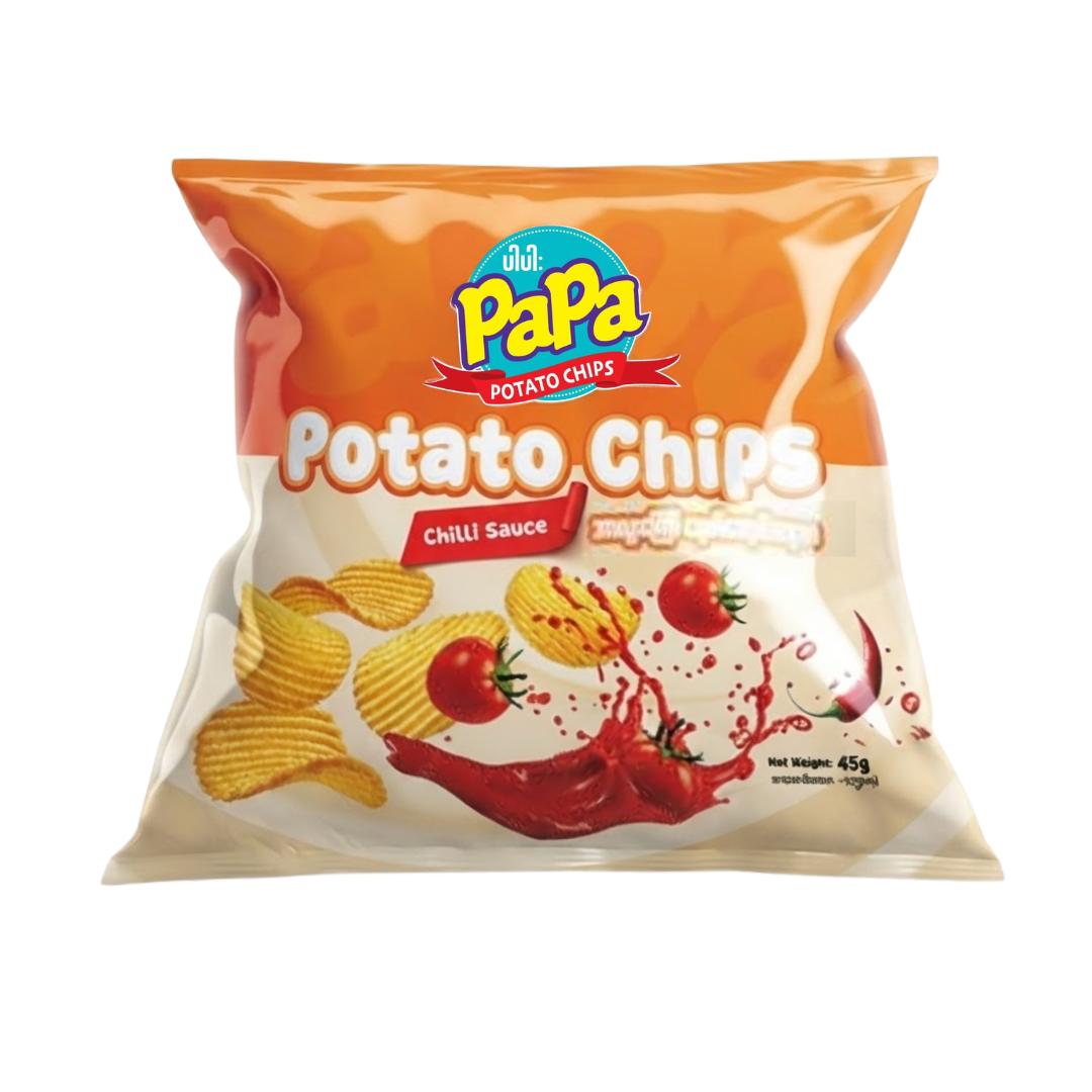 PaPa Potato Chips Chilli Sauce_ပါပါးအာလူးကြော်ငရုတ်ဆော့စ်အရသာ(45g)