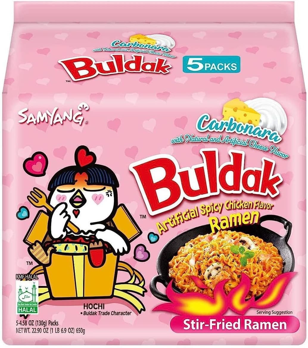 Samyang Buldak Spicy Ramen, Hot Chicken Ramen, Korean Stir-Fried Instant Noodle, Carbonara, 1 Bag with 5 Pack